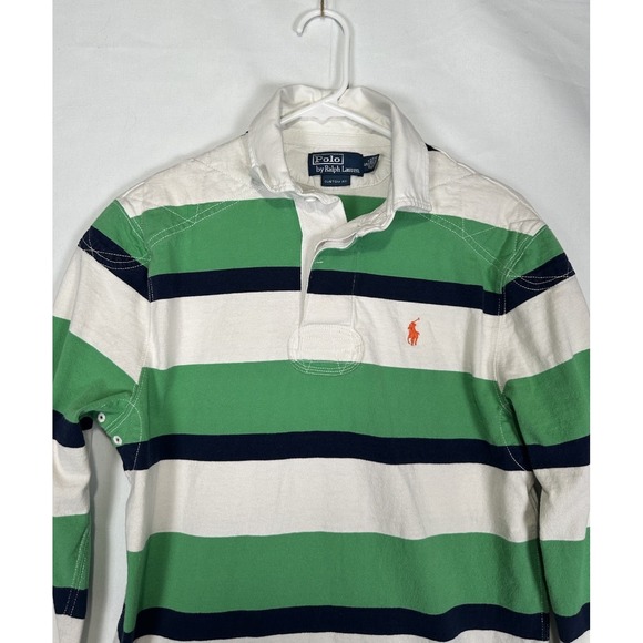 VTG Polo Ralph‎ Lauren Rugby Shirt Mens Small Green White Stripe Orange Pony Y2K - Picture 1 of 12